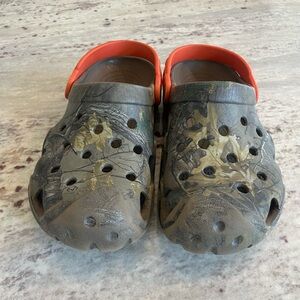 Camouflage Crocs with Orange Strap.  Size J3.  VGUC.